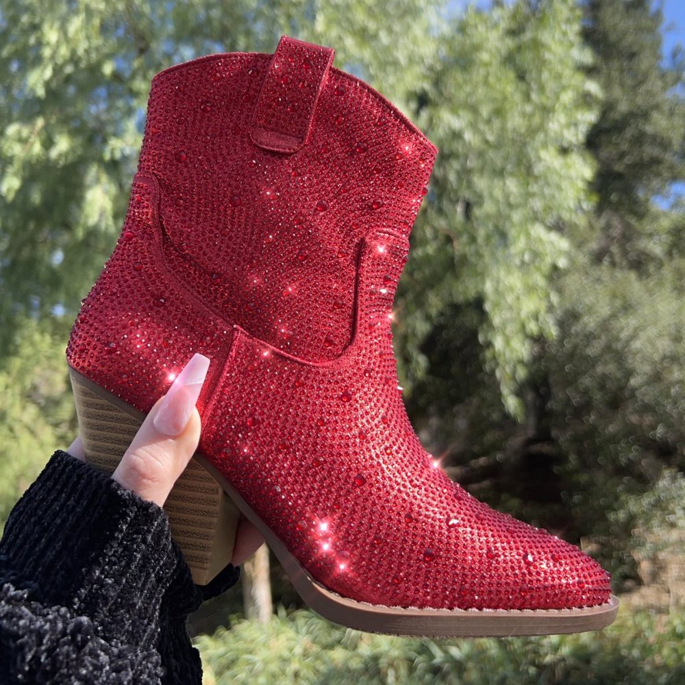 ✧LAST PAIR 5.5✧ Red Rhinestone Bling Cowboy Western Ankle Boots